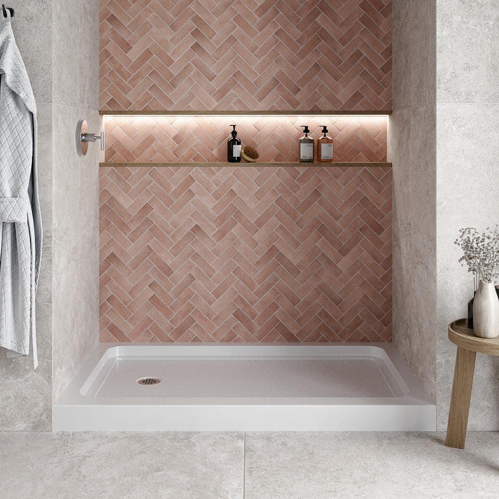 Glossy White Rectangular Acrylic Alcove Shower Base with Left Drain