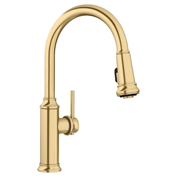 EMPRESSA Satin Gold 16.25 in. H Pull Down Sprayer Kitchen Faucet with 180 Degree Spout Swivel