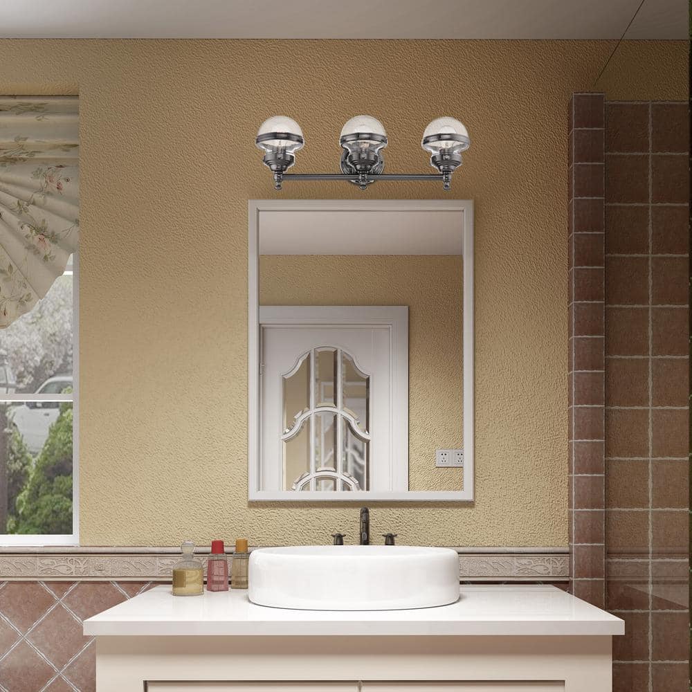 Polished Black Chrome 3-Light Vanity with Hand Blown Clear Glass