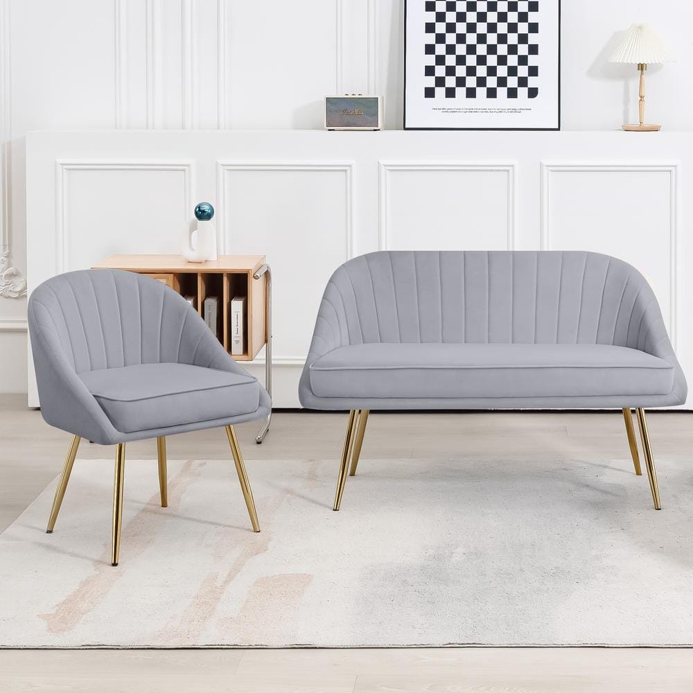 JEAREY Atye 2 Piece Grey Living Room Velvet Loveseat and Accent Chair