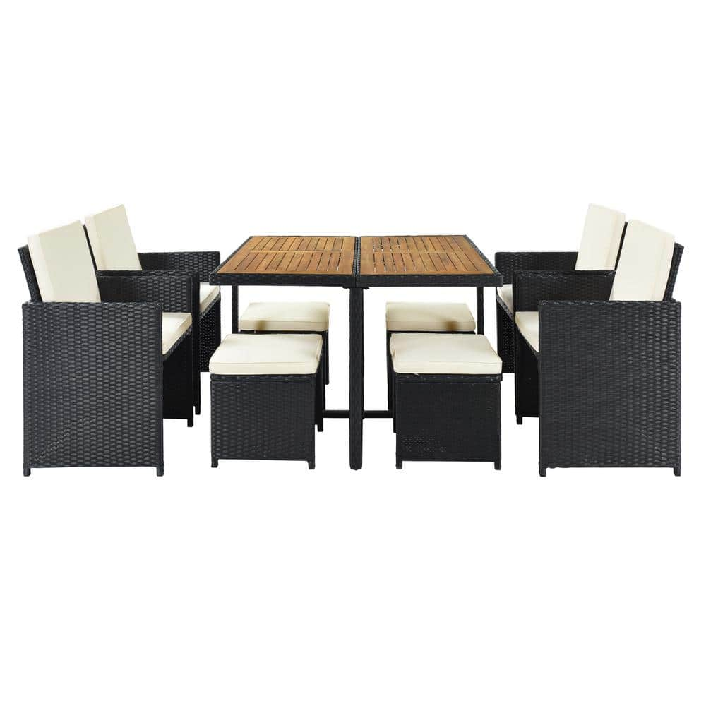 Black Rattan Patio 9-Piece All-Weather PE Wicker Outdoor Dining Table Set with Wood Tabletop for 8 with Beige Cushion