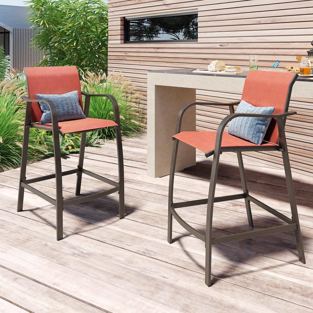 Pellebant Orange Textilene Aluminum Outdoor Counter Height Bar Stools, Set of 2