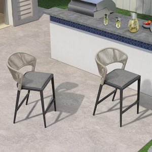 Modern Aluminum Low Back Rattan Bar Height Outdoor Bar Stool with Backrest and Dark Gray Cushion (2-Pack)