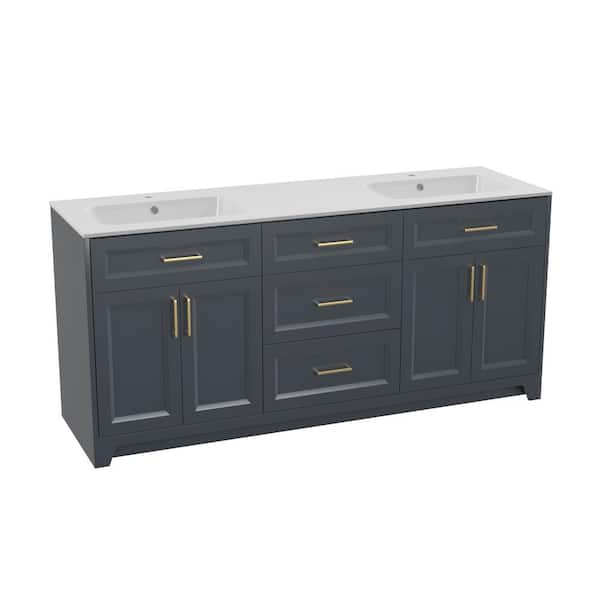 NTQ 72 in. W x 22 in. D x 34 in. H Double Sink Bath Vanity in Dark Gray Bathroom Vanity Cabinet with White Solid Resin Top