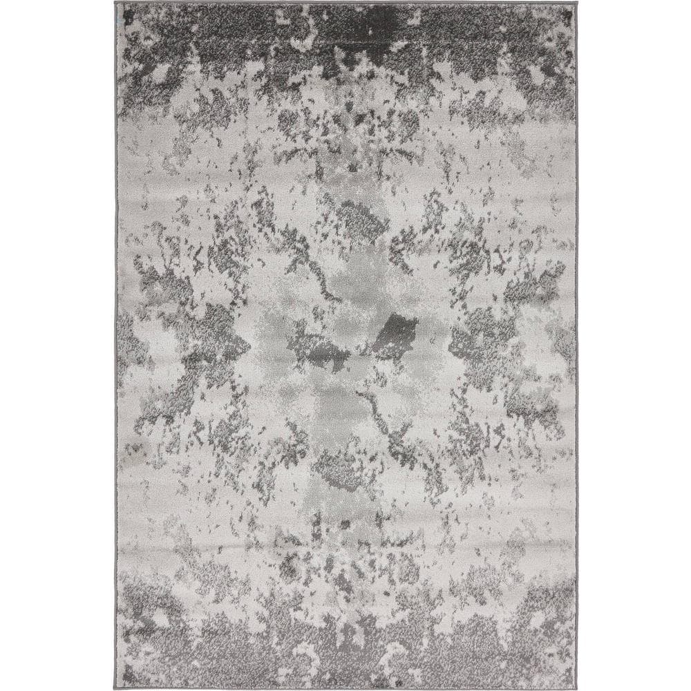 Light Gray Abstract Synthetic 4' x 6' Easy-Care Area Rug