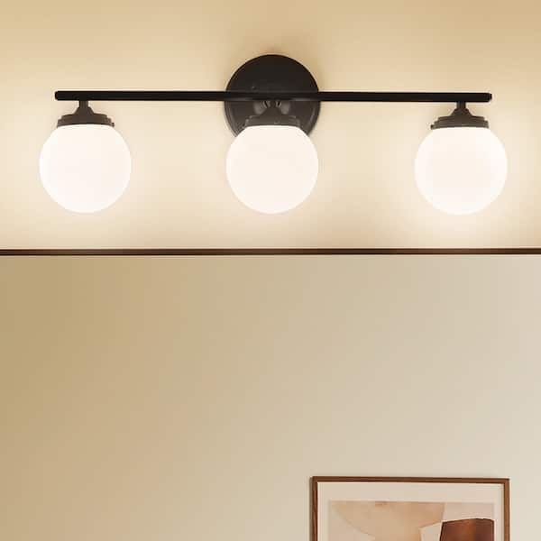 Wynton 24 in. 3-Light Black Mid-Century Modern Bathroom Vanity Light with Satin Etched Cased Opal Glass