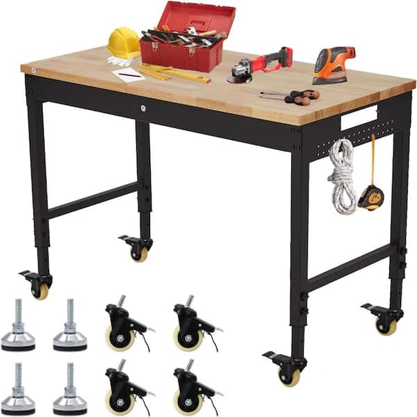 48 in. Adjustable Height Mobile Workbench with Hardwood Top, Power Outlets and Locking Wheels