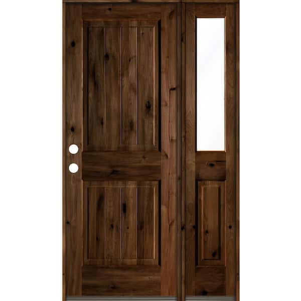 Krosswood Doors 44 in. x 80 in. Knotty Alder Square Top Right-Hand/Inswing Clear Glass Provincial Stain Wood Prehung Front Door w/RHSL