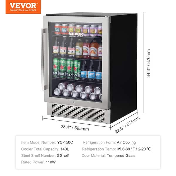 VEVOR Cooler 154 Cans Capacity Refrigerator Under Counter Built-In or Freestanding Beverage Fridge with Blue LED Light, Tempered Glass Door, Child