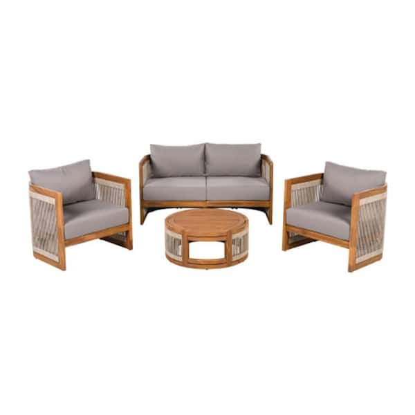 Premium Acacia Wood 4-Piece Outdoor Seating Group with Curved Tub Design, Loveseat,Chairs & Water-Resistant Gray Cushion