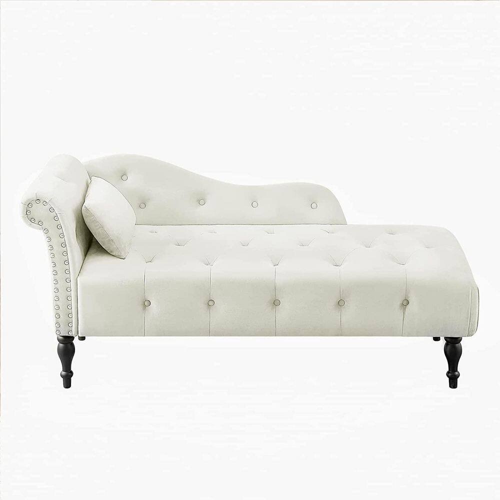 Beige Buttons Tufted Nailhead Trimmed Velvet Chaise Lounge with 1