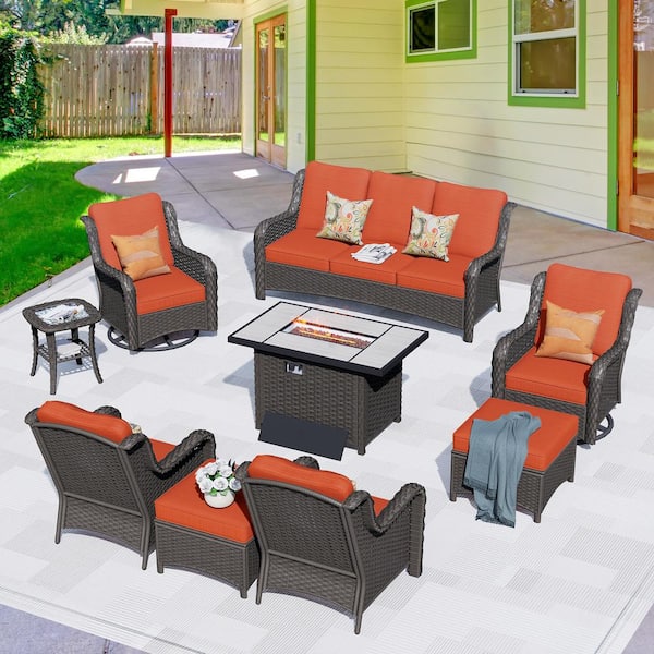 HOOOWOOO Oreille Brown 9-Piece Wicker Outdoor Patio Conversation Sofa Set with a Rectangle Firepit and Orange Red Cushions