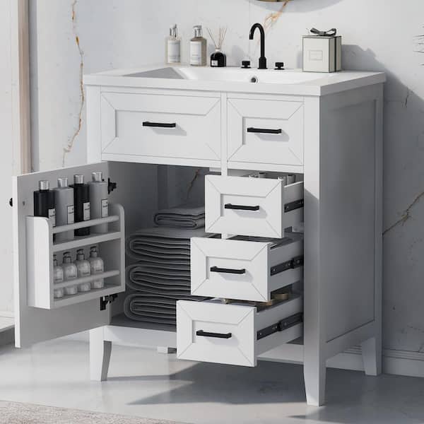 30 in. W x 18 in. D x 35.7 in. H Single Sink Freestanding Bath Vanity in White with White Ceramic Top