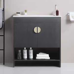 Victoria 30 in. W x 18 in. D x 33 in. H Single Sink Freestanding Solid Wood Bath Vanity in Black and White Ceramic Top
