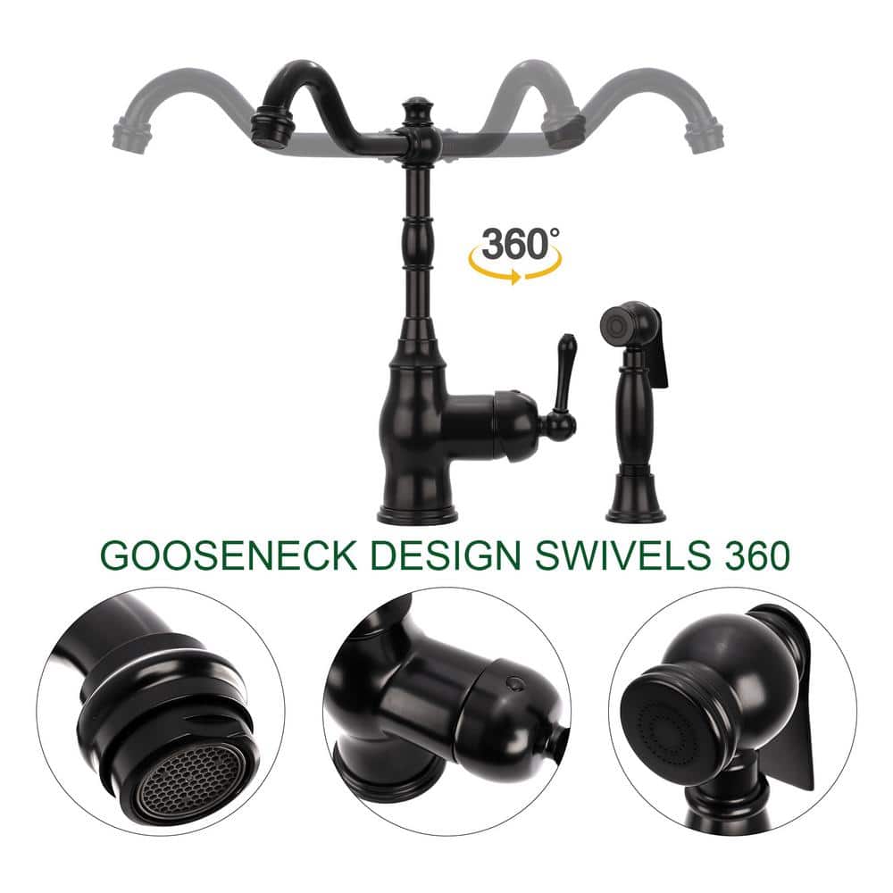 Matte Black Brass One-Handle Widespread Kitchen Faucet with Side Sprayer