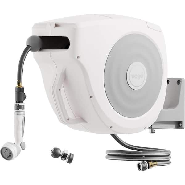 vego garden Hose Reel Retractable 1/2 in. Dia x 130 ft. Wall Mounted Automatic Rewind with Nozzle, Quick Connector Cloud White