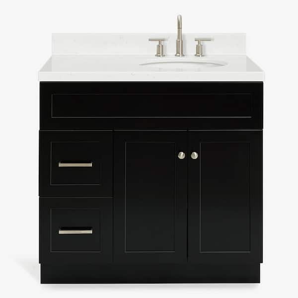 Hamlet 36.25 in. W x 22 in. D x 36 in. H Single Sink Freestanding Bath Vanity in Black with Carrara Quartz Top