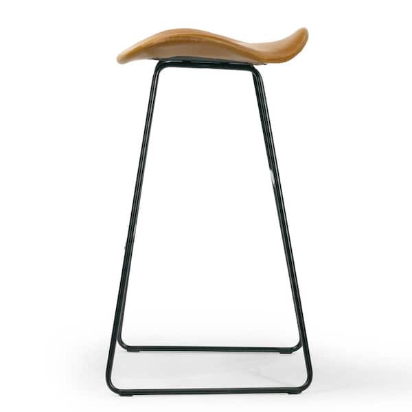 Aoi Brown Faux Leather Backless Bar Stool with Black Metal Legs (Set of 2)