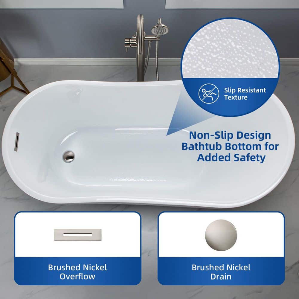 59" White Acrylic Freestanding Single Slipper Bathtub with Brushed Nickel Trim