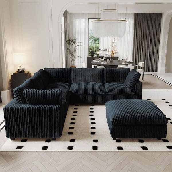 118 in. Squared Arm Soft Velvet Modular Sectional Sofa V-shaped Corner Couch with Washable Covers, Ottoman in Black