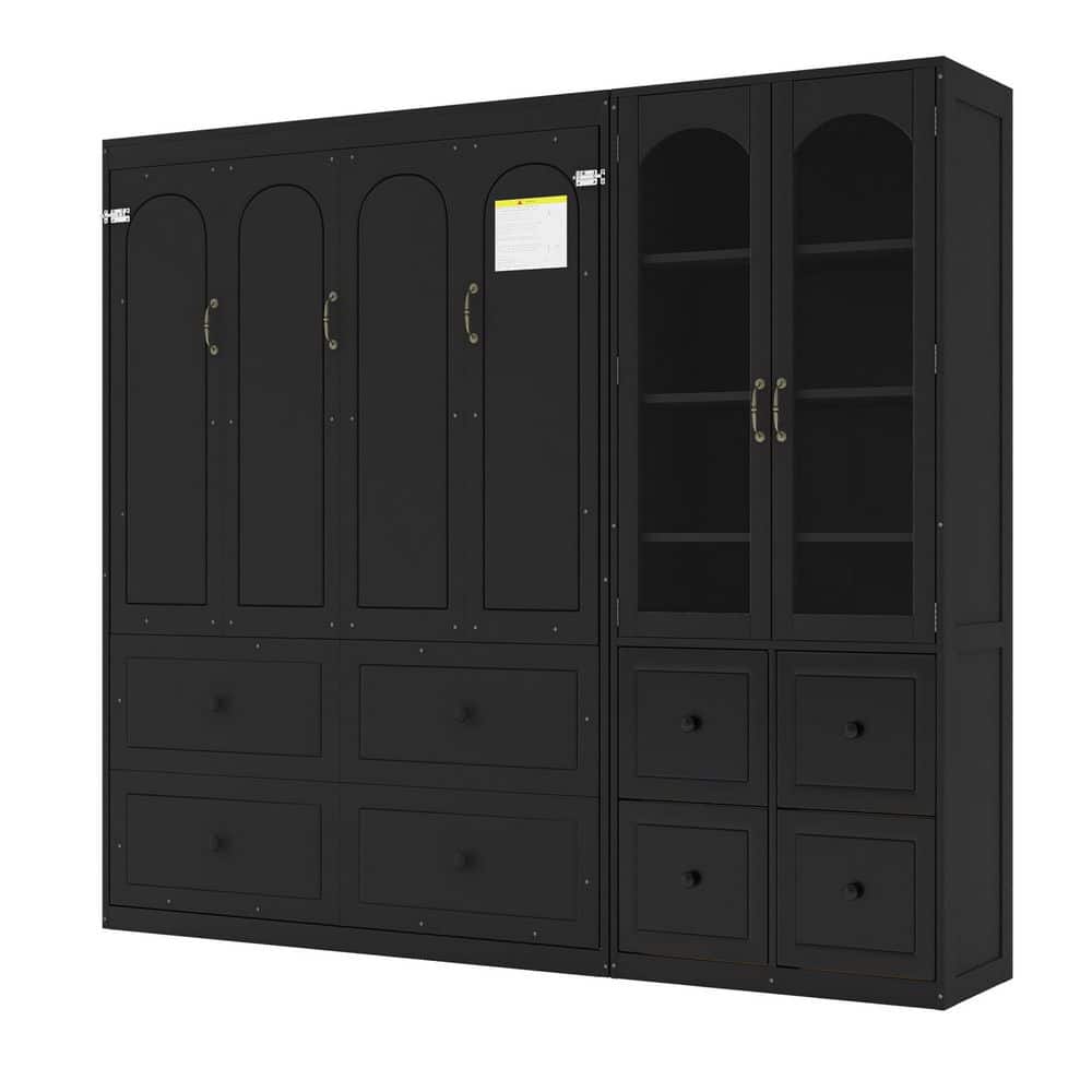 Modern Black Wood Frame Queen Murphy Bed with Reversible Side Cabinet, Acrylic Doors and 4 Drawers