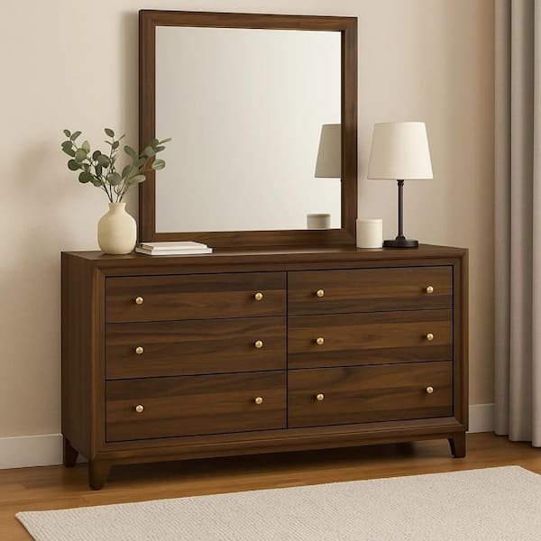 Benjara Yels Walnut Brown and Gold 6 Drawer 17.25 in. Dresser with Mirror  BM340006