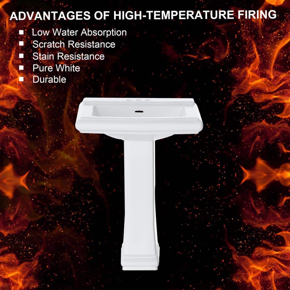 White Rectangular Ceramic Pedestal Sink with Overflow