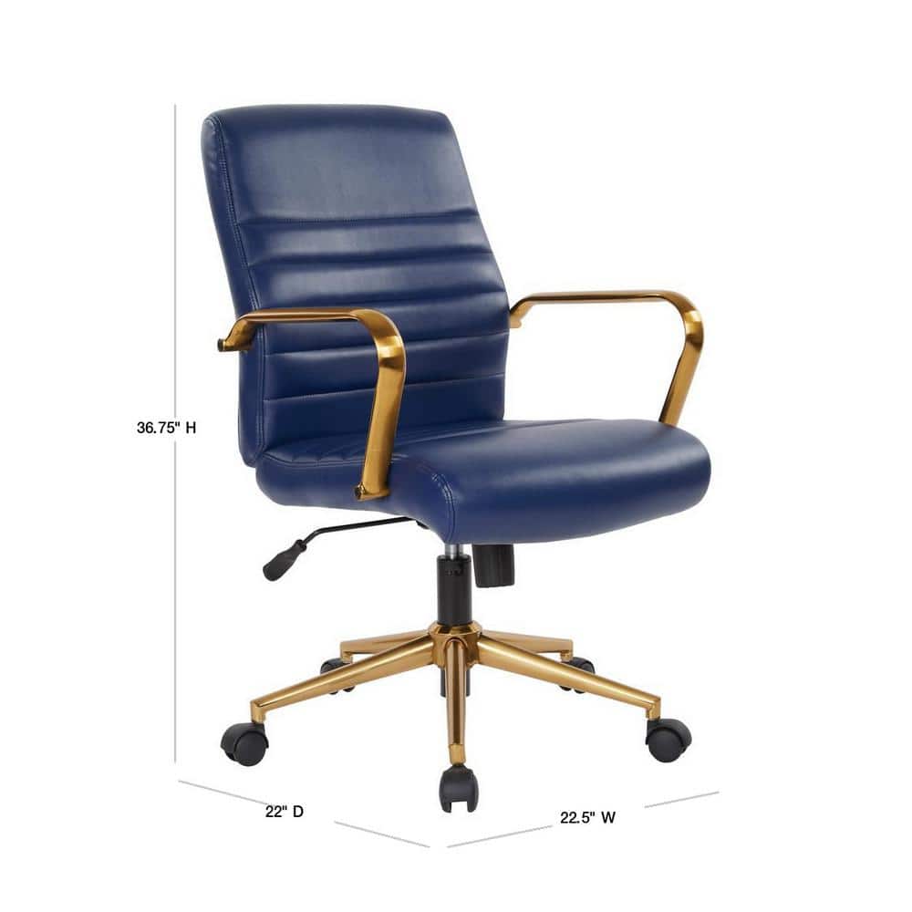 Baldwin Navy Faux Leather Mid-Back Swivel Chair with Gold Accents