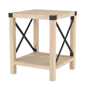 Urban Industrial 18 in. White Oak Square Metal X Accent Side Table with Lower Shelf