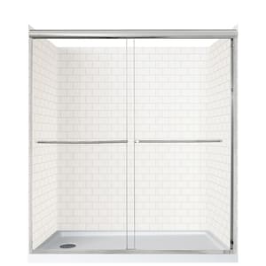 Cove Sliding 60 in. L x 32 in. W x 78 in. H Left Drain Alcove Shower Stall Kit in White Subway and Silver Hardware