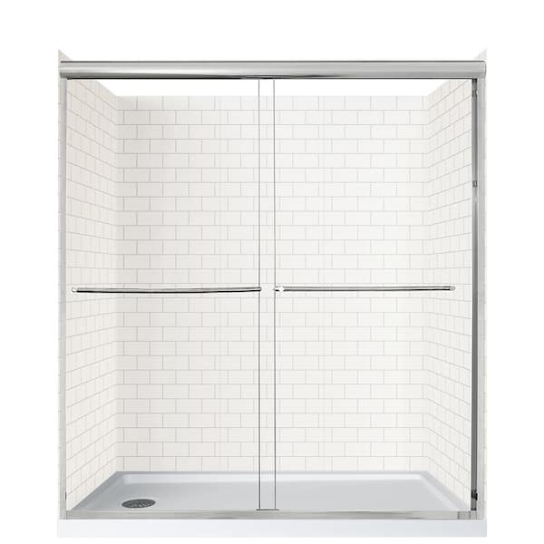 CRAFT + MAIN Cove Sliding 60 in. L x 32 in. W x 78 in. H Left Drain Alcove Shower Stall Kit in White Subway and Silver Hardware