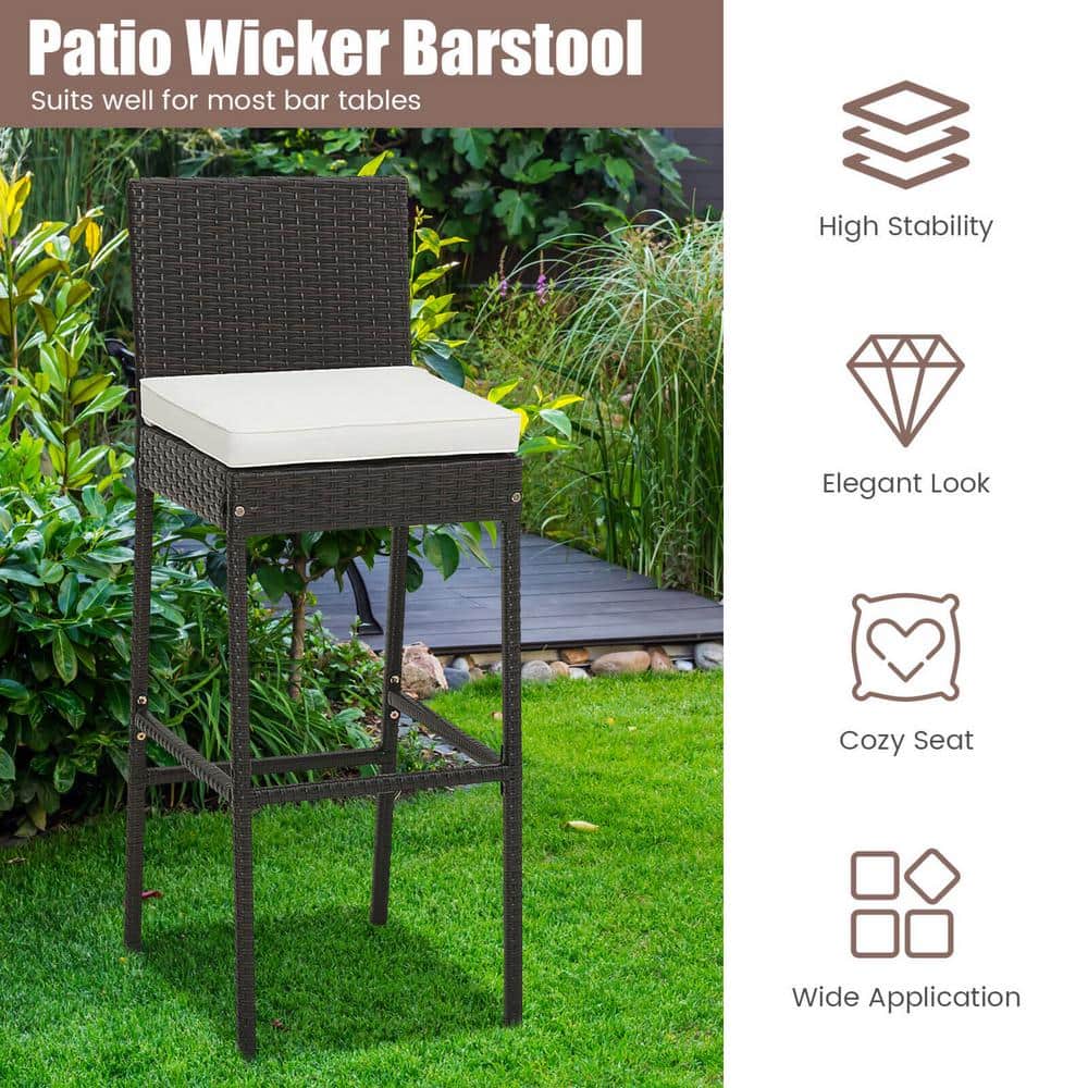 Black and Off-White Cushioned Wicker Barstools with Footrest - Set of 2