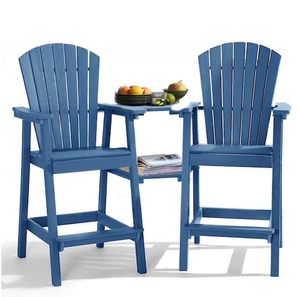 Blue HDPE Tall Adirondack Chair with Removable Double Connecting Trays for Deck, Balcony, Patio (2-Pack)