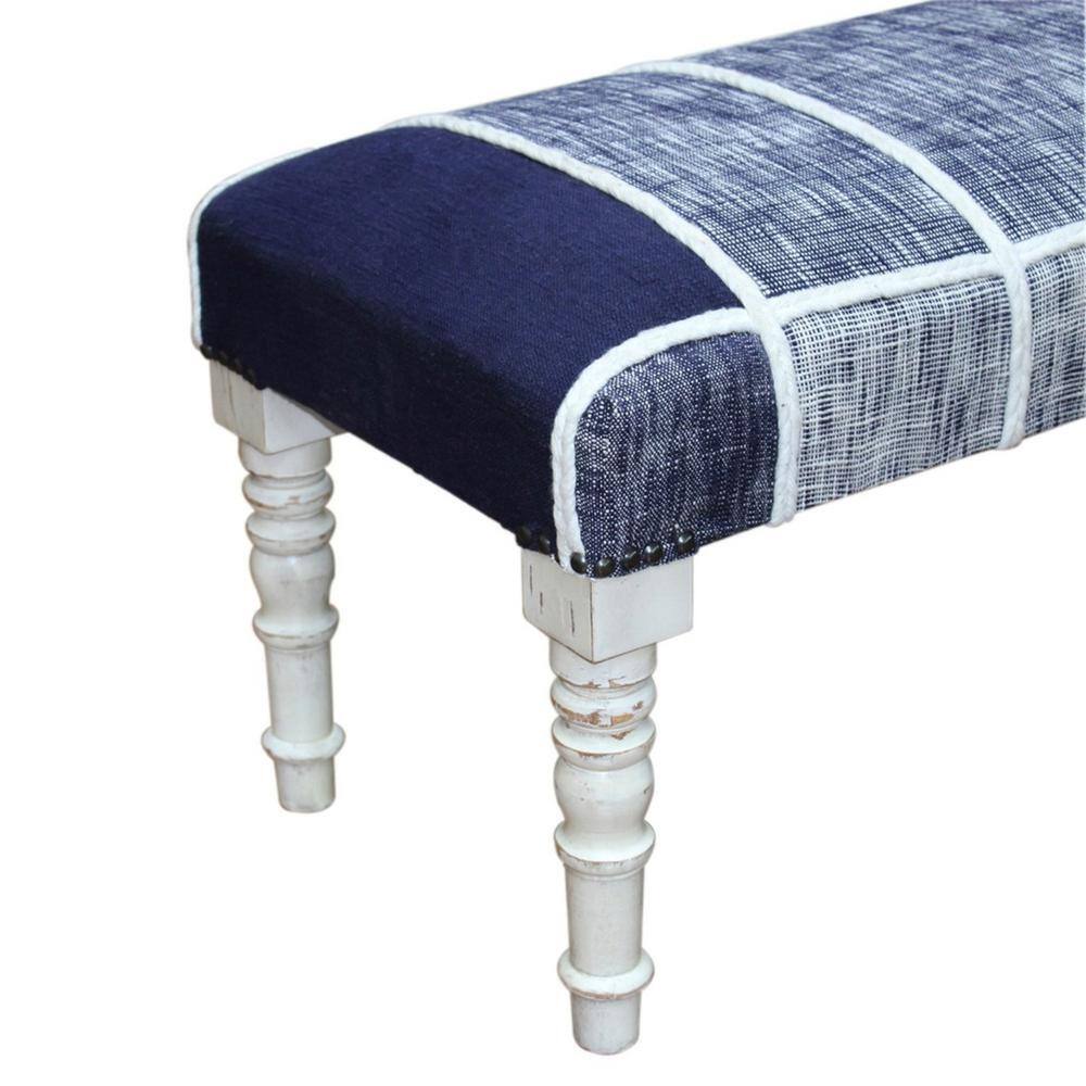 Navy and White Plaid Upholstered Storage Bench with Wood Legs