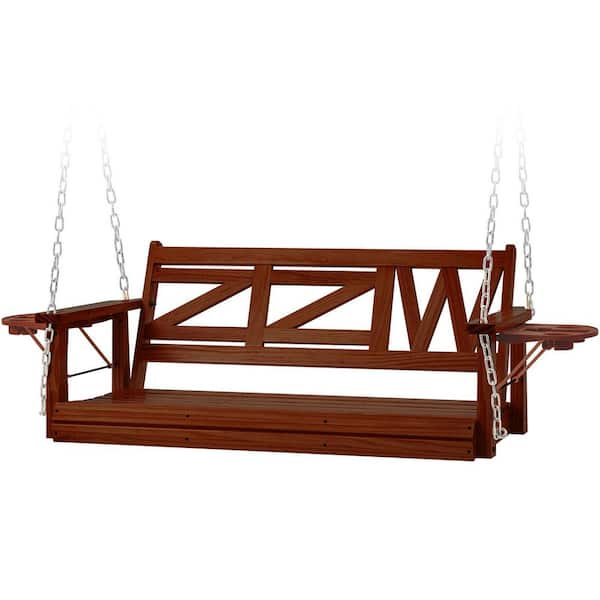 Brown Wood Heavy Duty Porch Swing with Hanging Chains and Upgraded Cupholders