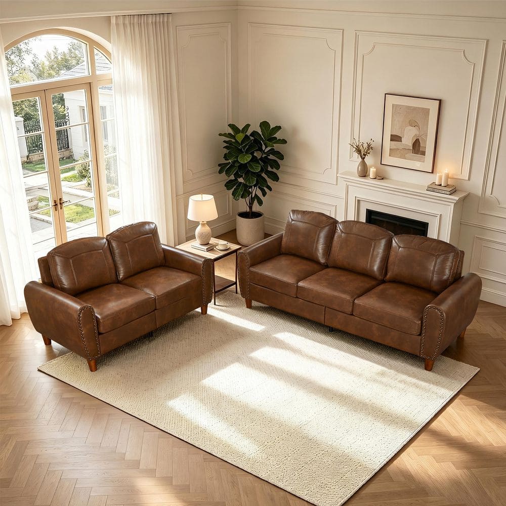Kovix Modern 2-Piece 81.5 in. PU Faux Leather Upholstered 5-Seater Sectional Sofa Set in Brown with Rivets Nails price history on PriceWatchPro