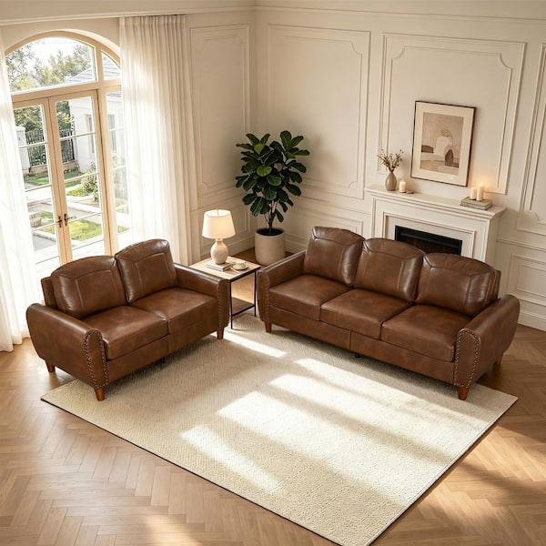 Kovix Modern 2-Piece 81.5 in. PU Faux Leather Upholstered 5-Seater Sectional Sofa Set in Brown with Rivets Nails