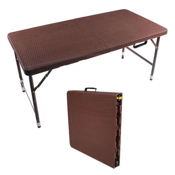 Tileon 49 in. Rectangle Steel Folding Picnic Table with Faux Rattan Countertop, Height Adjustable (Seats 6) People, Brown