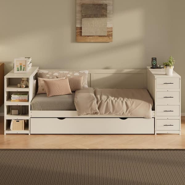 Harper & Bright Designs Multi-Functional White Twin Daybed with Trundle, 4 Drawers, Side Shelves and Charging Station