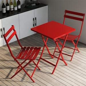 Red, 3-Pieces Patio Bistro Set of Foldable Square Table and Chais