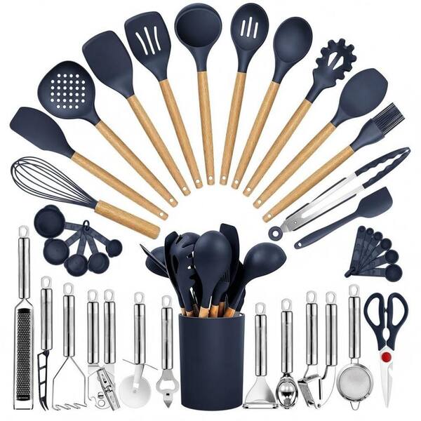 35-Piece Blue Heat Resistant Food Grade Silicone and Wooden Handles Cooking Utensils Set for Nonstick Cookware