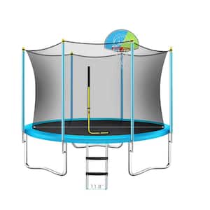 Ami 8 ft Blue Trampoline with Safety Enclosure Net, Basketball Hoop and Ball, Outdoor Recreational Trampoline for Kids
