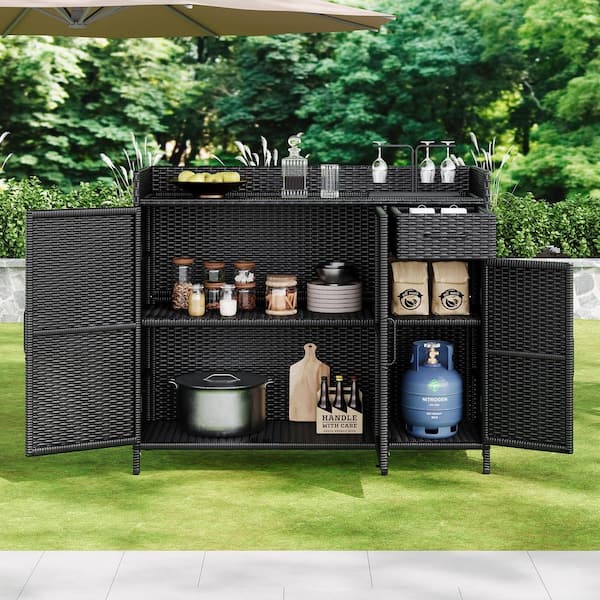 Harper & Bright Designs Black Wicker Outdoor Bar Table, Outdoor Storage Cabinet with Tempered Glass Desktop, Adjustable Shelf, 1 Drawer