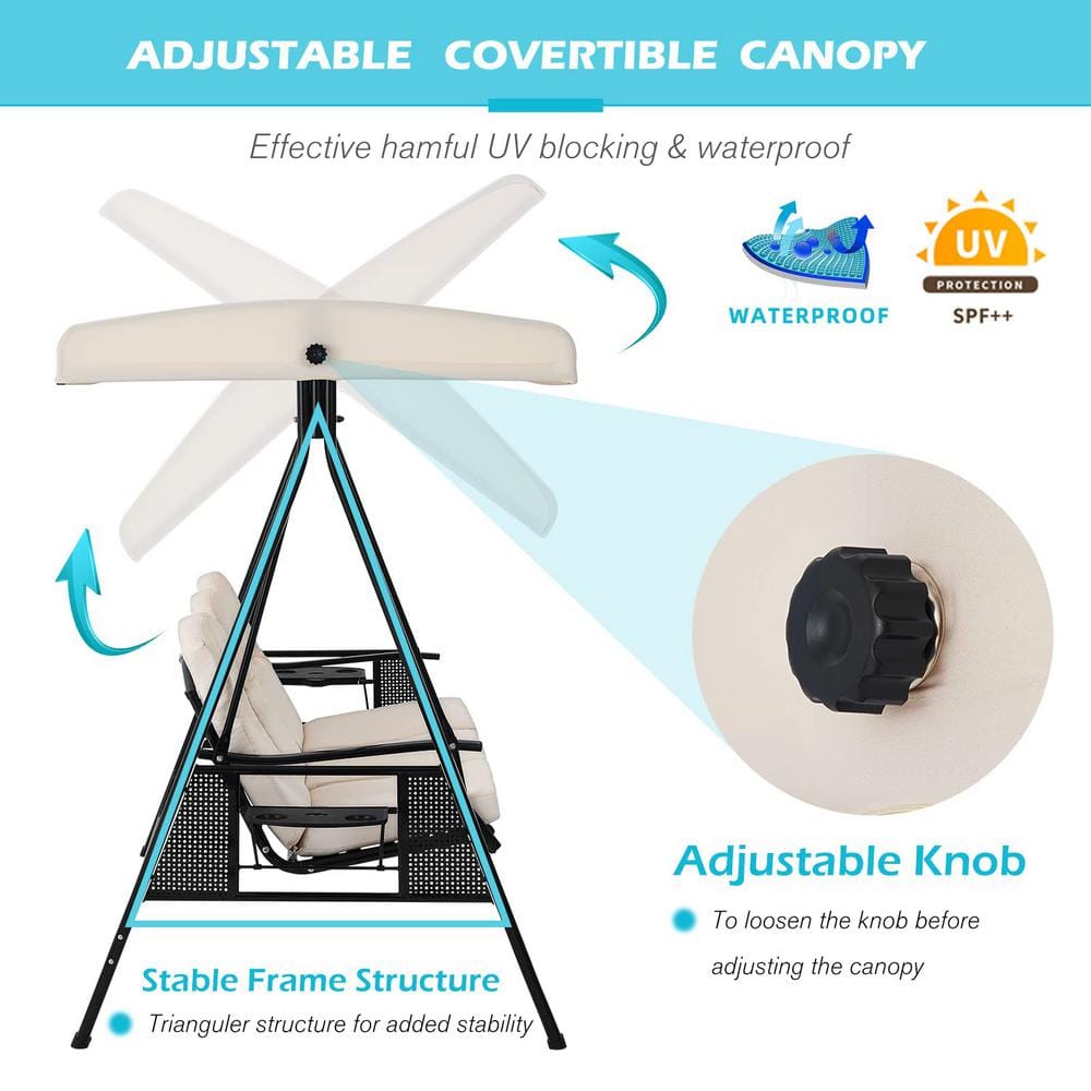 Beige Steel Frame 3-Person Patio Swing with Canopy and Cushions