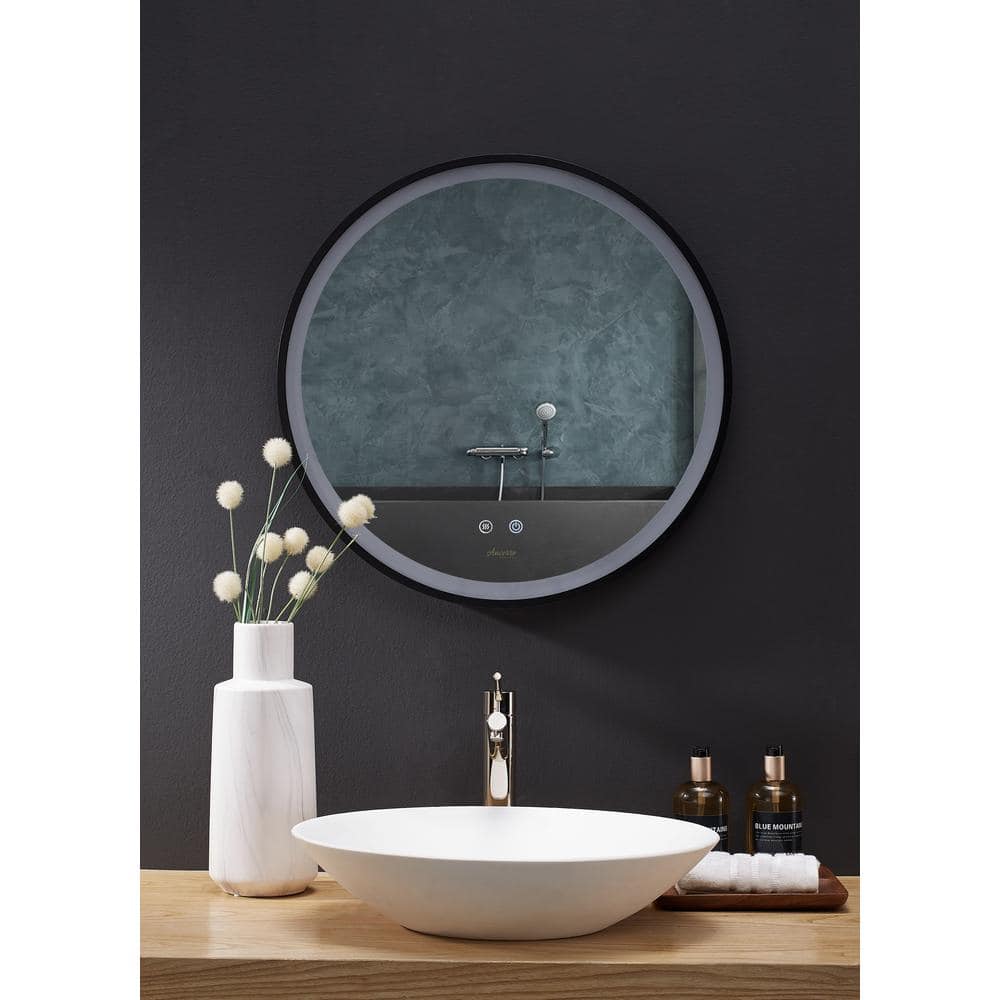 30-Inch Round Black Aluminum Bathroom Vanity Mirror with LED Light