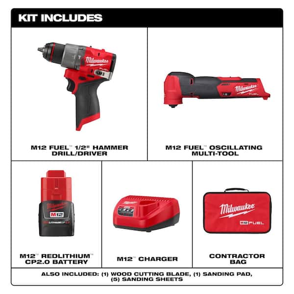 M12 FUEL 12-Volt Li-Ion Brushless Cordless 1/2 in. Hammer Drill Kit w CP 2.0Ah Battery, Charger & M12 FUEL Multi-Tool