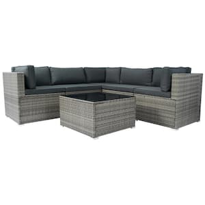 6 Pieces PE Rattan sectional Outdoor Furniture Cushioned Sofa set Grey Wicker, Dark Grey Cushion