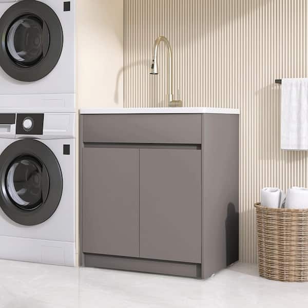 30 in. W x 22 in. D Solid Surface Drop-In Laundry/Utility Sink and Cabinet with Cold Hot Water Faucet in Light Brown
