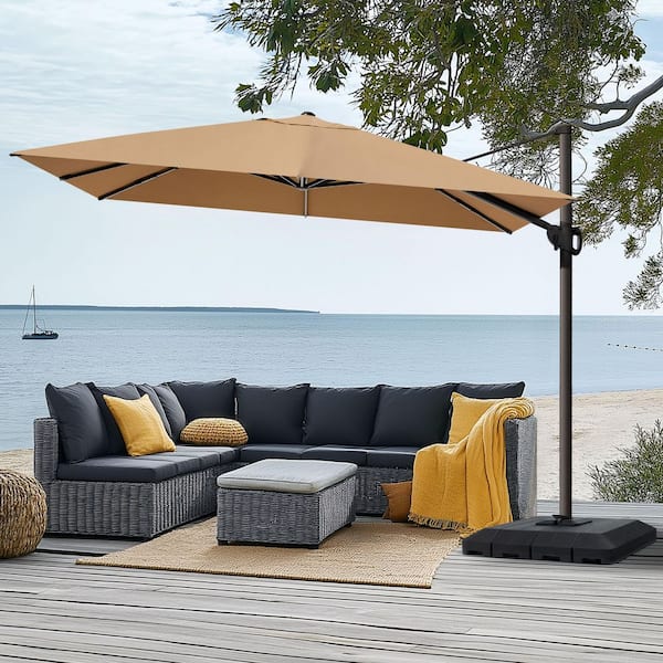 12 ft. x 9 ft. Outdoor Aluminum Cantilever Umbrella Offset 360° Rotation Patio Umbrella in Tan with 350 lbs. Base