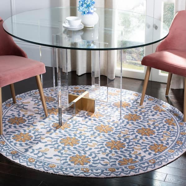 Chelsea Ivory/Blue 4 ft. x 4 ft. Round Floral Circles Border Area Rug